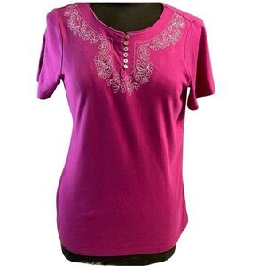 Coral Bay Ladies Pink Top, Size S Dark Pink White Embroidery Neckline Boho
